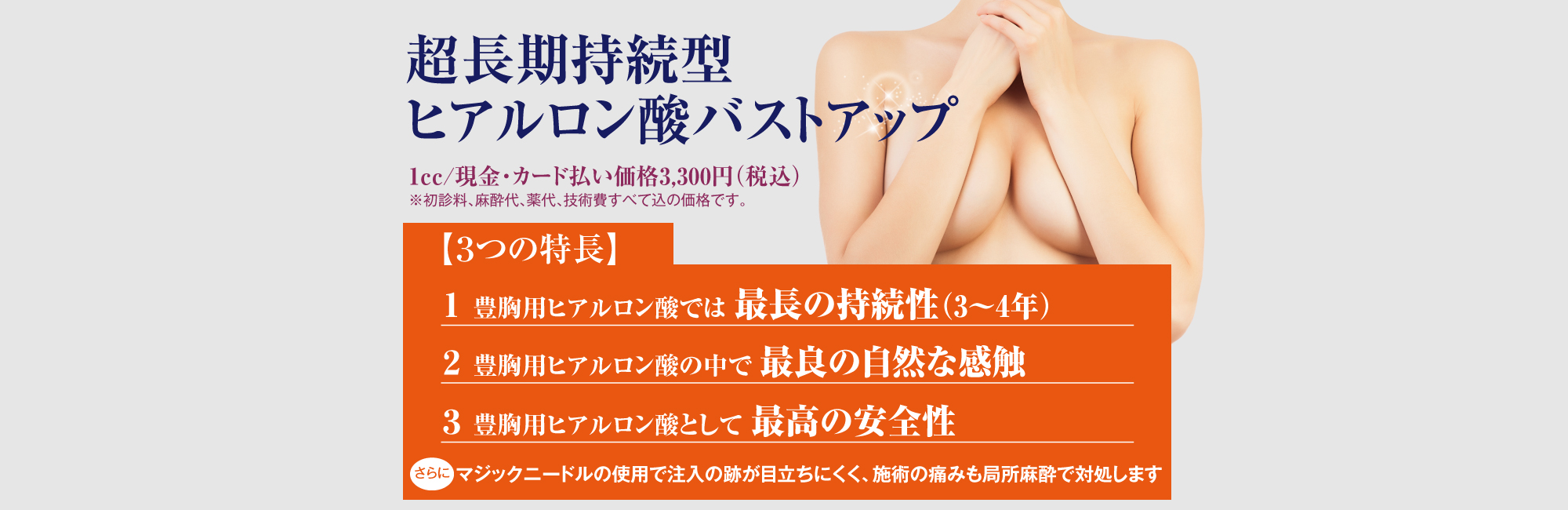 超長期持続型「ヒアルロン酸バストアップ」1cc現金・カード払い3,300円税込。初診料、麻酔代、薬代、技術費すべて込みの価格です。最長の持続性、最良の自然な感触、最高の安全性。